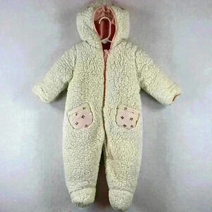 Jessica Simpson Baby Snowsuit Sz 6-9 Months Cream and Pink Fleece Lining Zipper